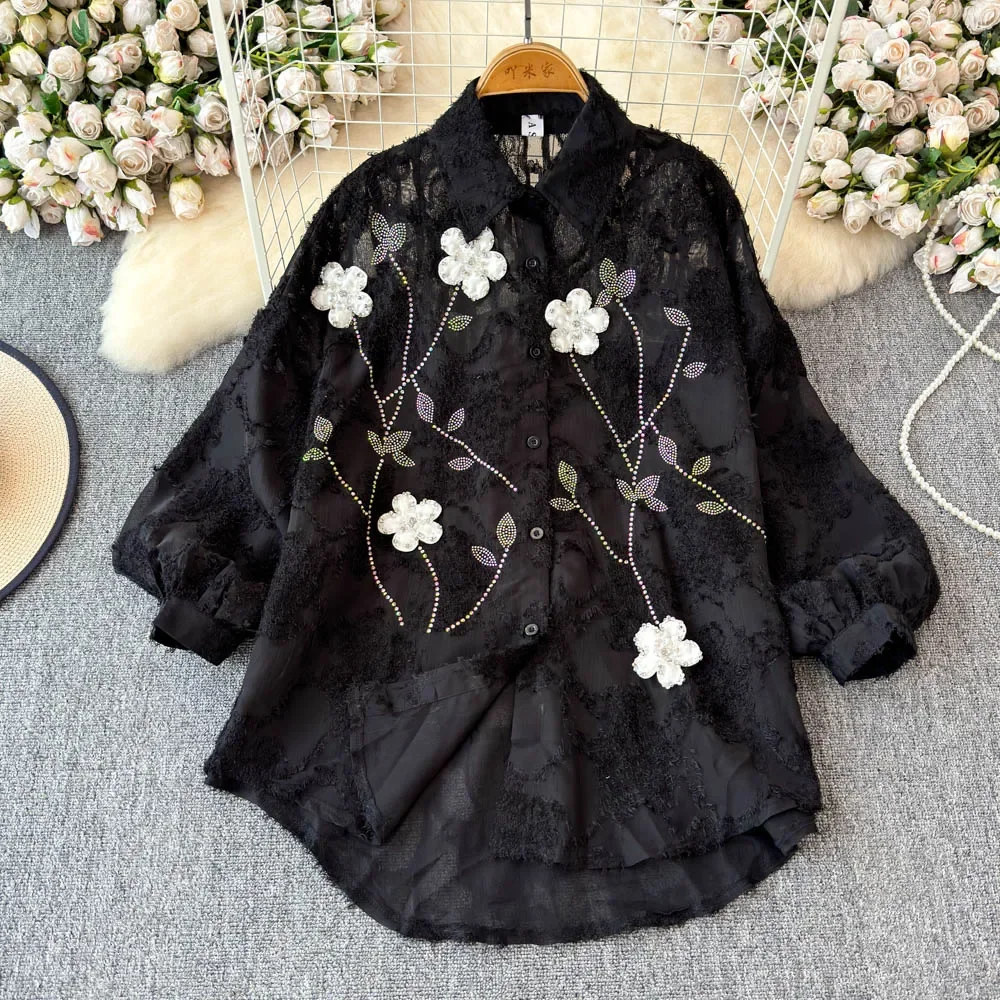 Basics Turn-down Collar Embroidered Chic Rhinestone Three-dimensional Floral Slim Top Women Streetwear High Street Autumn Blouse