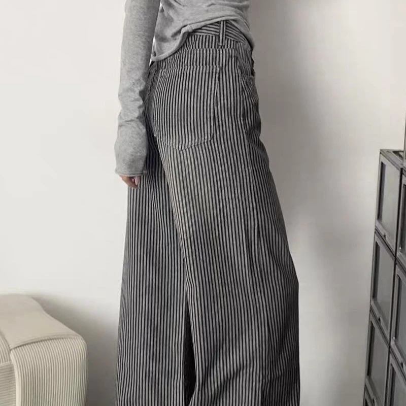 American Retro Striped Wide-leg Jeans Women's Autumn and Winter High Waist Loose Straight Mop Pants