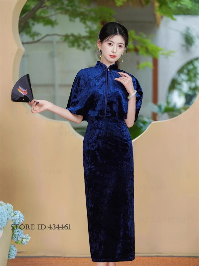 الخريف الشتاء القطيفة الإناث تشيباو المخملية شيونغسام طويلة مع شال مثير فستان أنيق مزاجه التقليد الصيني