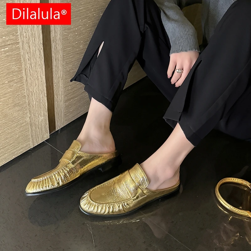 

Женские мюли Dilalula 2026 из овечьей кожи с закрытым носком, на низком каблуке, плиссированные, летние, для отдыха и вакации