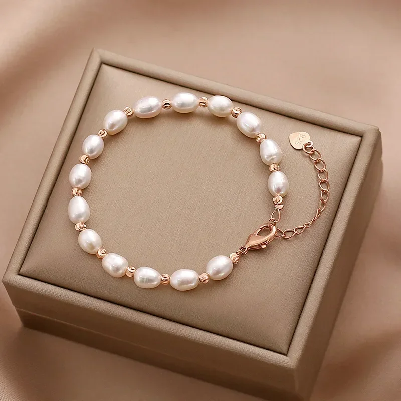 Oval Imitation Pearl Bracelets for Woman Elegant Baroque Champagne Pearl Beads Chain Charm Bracelet Wedding Jewelry