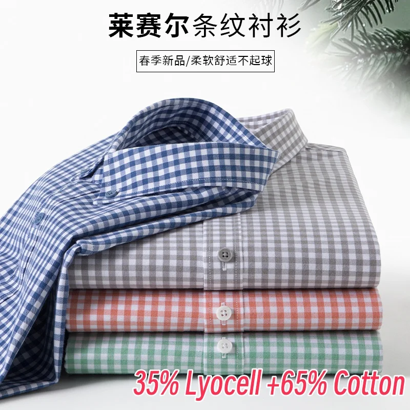 

High Quality 35% Lyocell Clothes Men 2025 Spring Fashion Plaid 60% Cotton Business Dress Shirts Long Sleeve Male Formal Tops