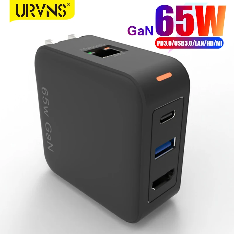 URVNS 4-in-1 GaN Charger USB C Docking Station with 4K HDMI-compatible,1000Mbps LAN Port,USB3.0,65W PD for MacBook Pro Lenovo