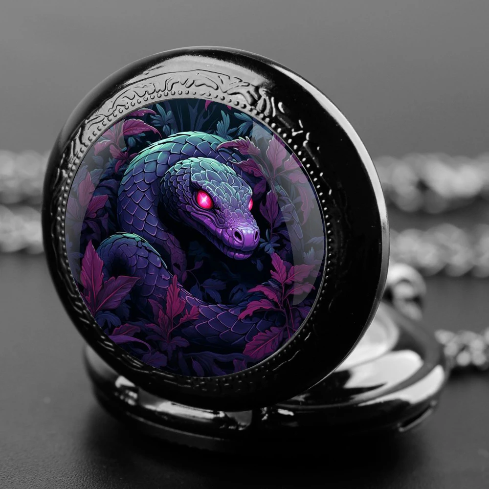 Delicate Gifts Quartz Pocket Watch Dark Snake Design Glass Dome Necklace Pendant for Mens Womens