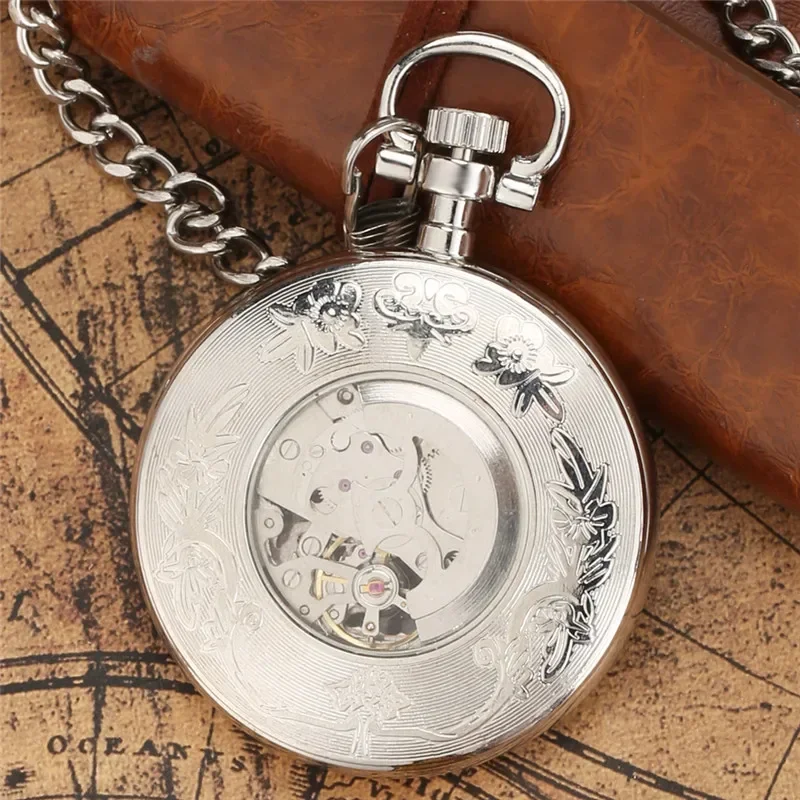 Vintage Style Silver Skeleton Pocket Watch Automatic Mechanical Roman Numeral Display with Luminous Hands Vintage Gift for Men