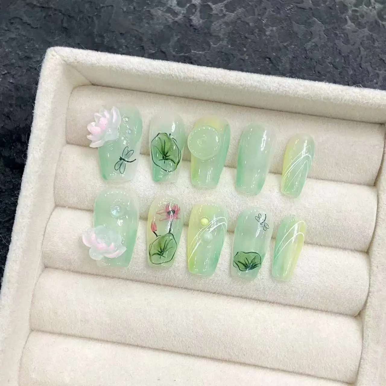 10pcs Chinese style Fake Nails 3D Hand-painted Lotus Flower Fake Tips Nail Wearable Full Cover Handmade Green Press on Nail Tips