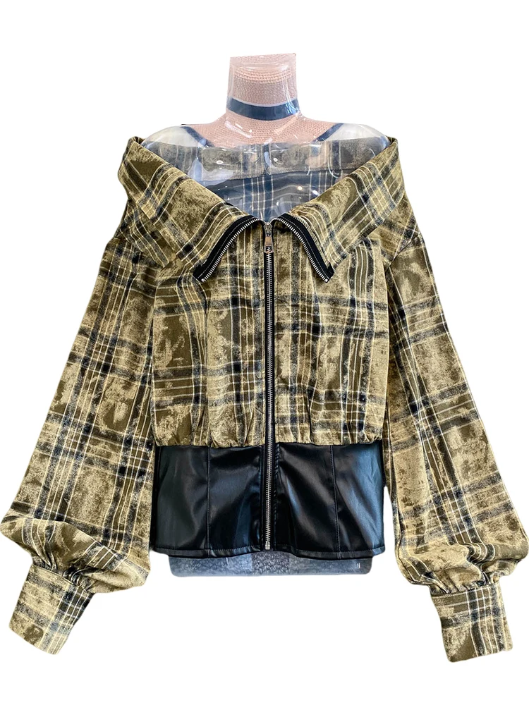 Dimagrante in pelle PU Colletto scozzese Cerniera Jaet da donna Faionable Spicy Girl Sle Impiombato Colore Blo Lungo Sve Top