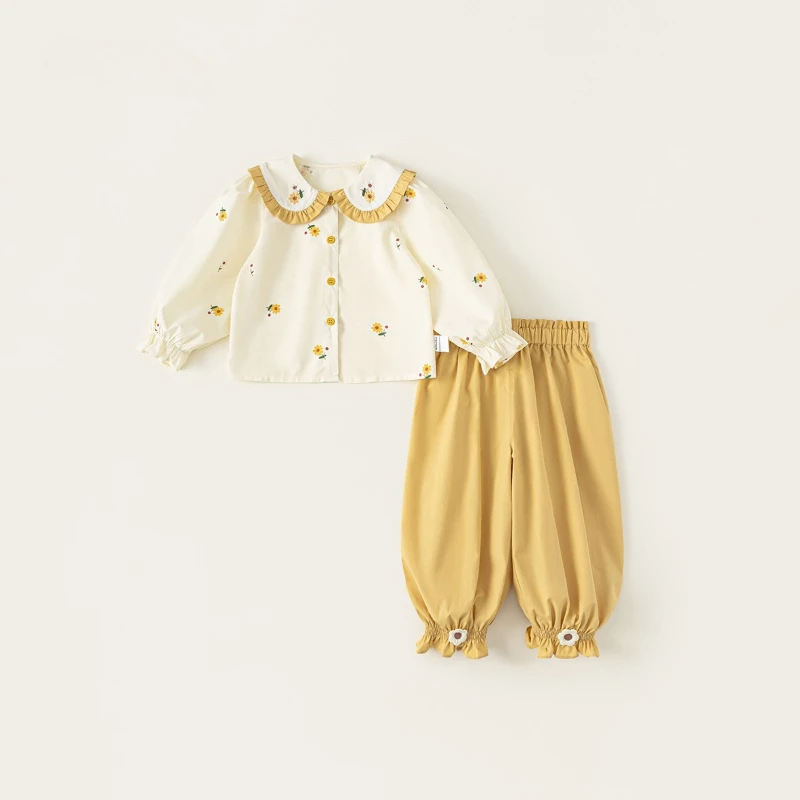 

2025 Autumn Children's Contrasting Lace Collar Printed Shirt and Solid Color Casual Ankle Pants Two-piece Set