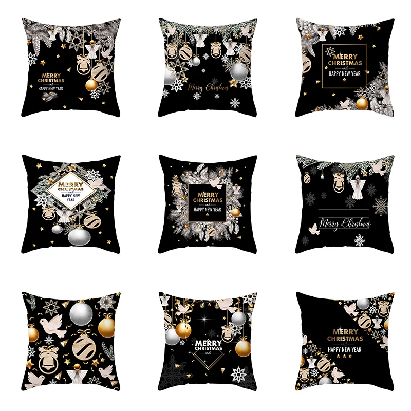 Black Gold Christmas Pillowcase Holiday Party Decoration Sofa Car Office Seat Cushion Cover Merry  Home