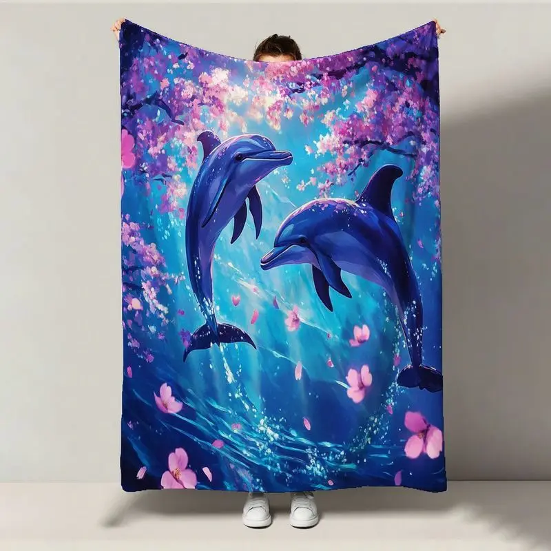 

1pc Ocean Dream Fleece Blanket - Blue/Pink Dolphin/Cherry Blossom, All-Season Adult/Teens Couch/Bed Gift
