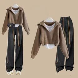 2023 Spring and Autumn Fashion Suit Women's New Lazy Pullover Sweater Bottom Tank Top High Waist Casual Pants Three Piece Set