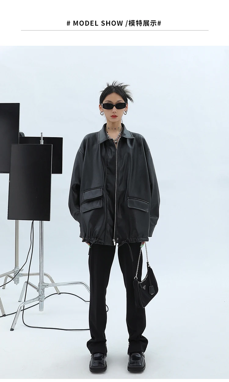 Lautaro Spring Autumn Oversized Casual Waterproof Black Soft Pu Leather Jacket Women with Drop Shoulder Long Sleeve Fashion 2022