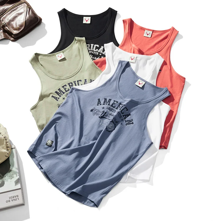 

Summer New American Retro Sleeveless O-neck Letter Printed T-shirt Men's Fashion 100% Cotton Washed Old Casual Sports Vest Tops