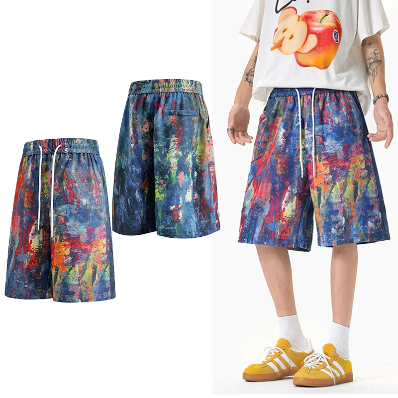 

Новые летние мужские повседневные свободные шорты, спортивные шорты для фитнеса и тренировок, 3d цветная печать, брюки с рисунком чернил, масляная живопись, M-5XL