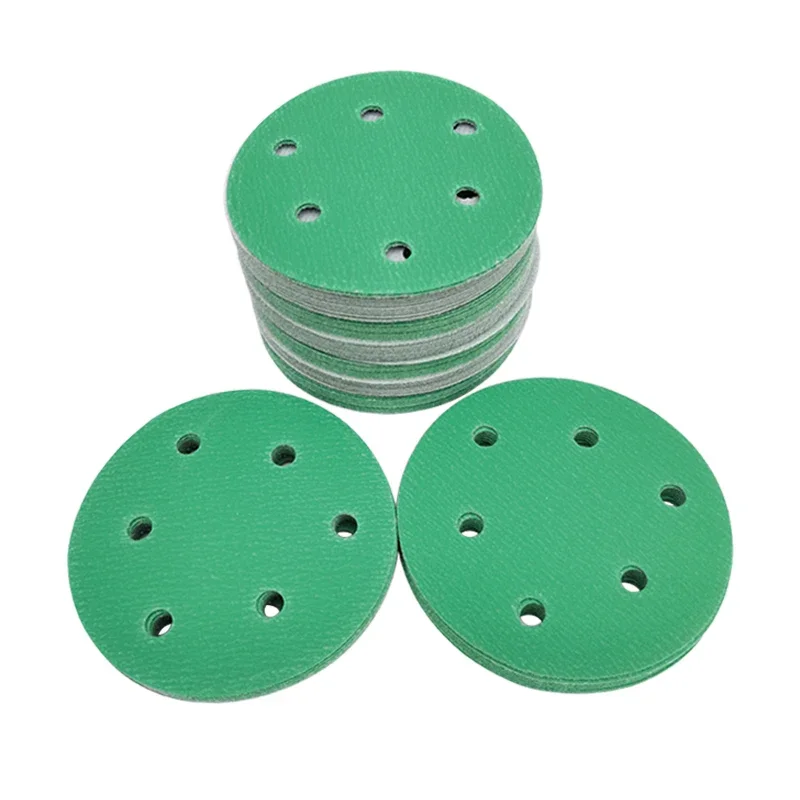 5 Inch 6 Hole Sandpaper Green Round Pneumatic Sander Flocking Car Putty Polishing Self-adhesive 125mm