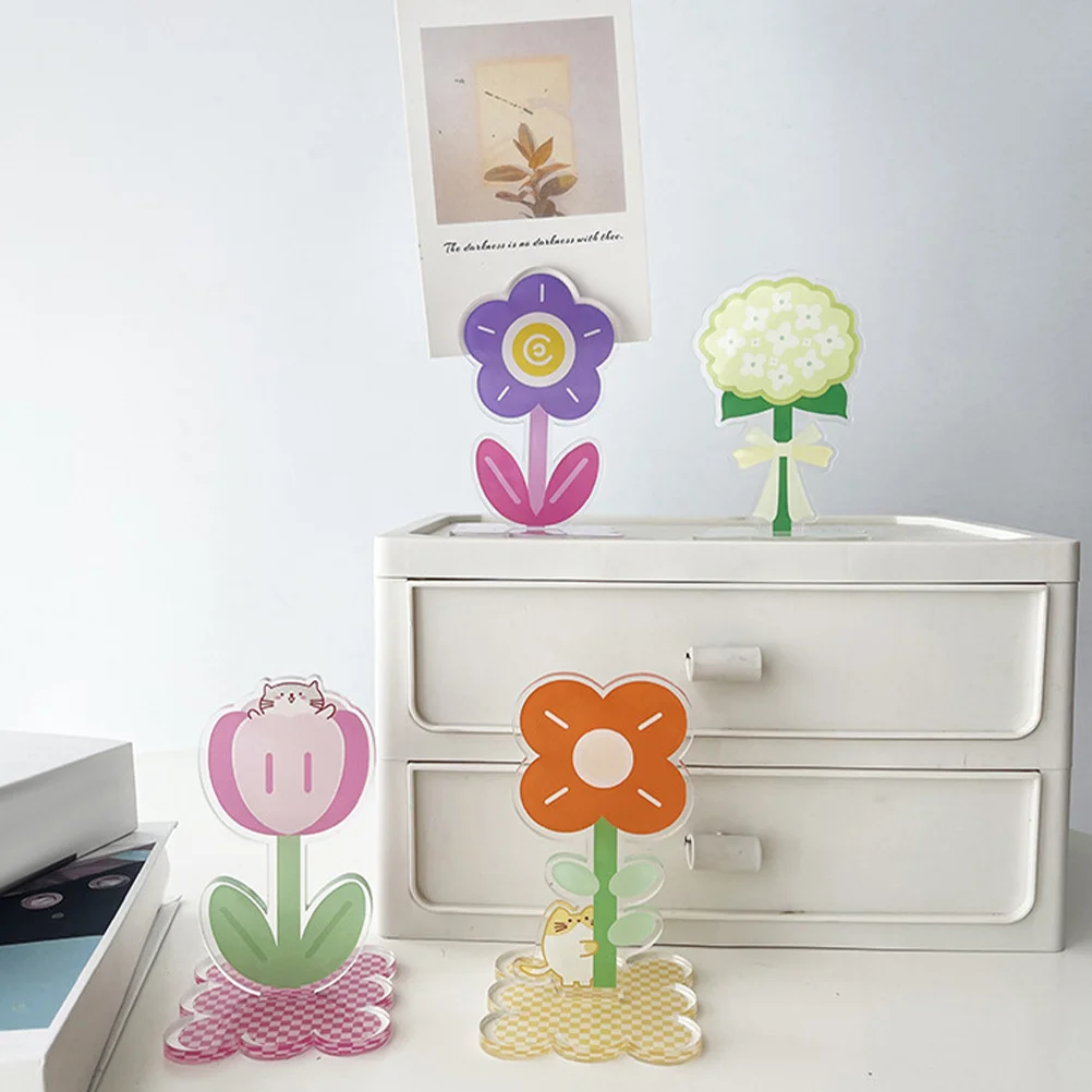 4pcs Acrylic Flower Shaped Note Holder Clip Desktop Decorative Stand For Photos Memos Table Decoration Home Office School Use