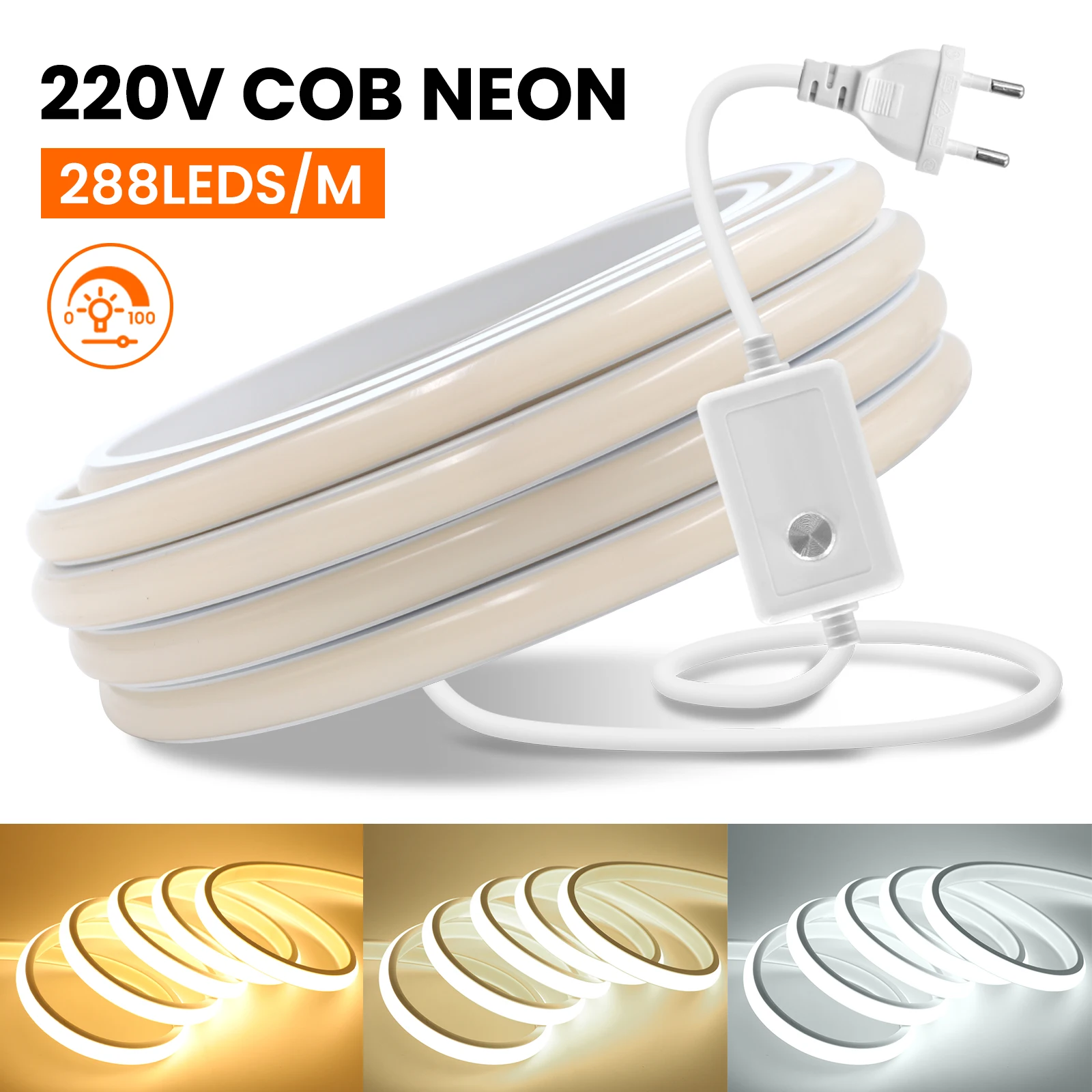 Dimmable COB LED Strip Neon Light 220V 288Leds/m RA90 Flexible Ribbon Outdoor Lamp Waterproof LED Tape With EU UK Power Plug