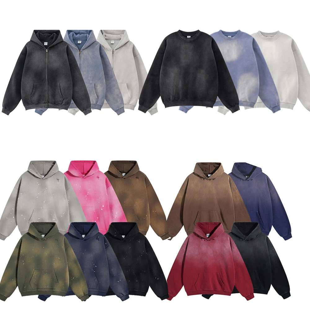 Retro Men's Heavyweight Gradient Washed Hoodies Unisex Loose Distressed Holes Knitted Hooded Pullovers