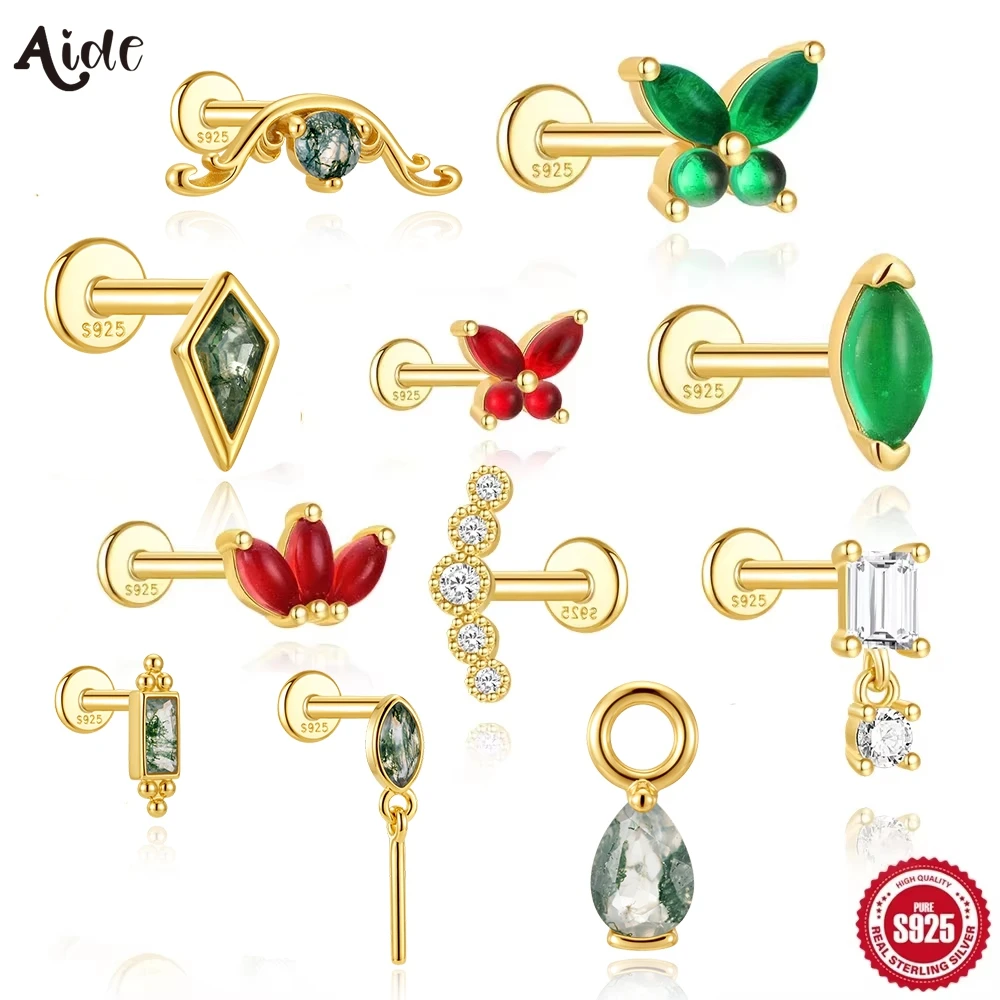 Aide 1PC 925 Sterling Silver 18K Gold Threaded Piercing Earring Women Ins Green Red Colors Zircon  Ear Bone Nail Gift Jewelry