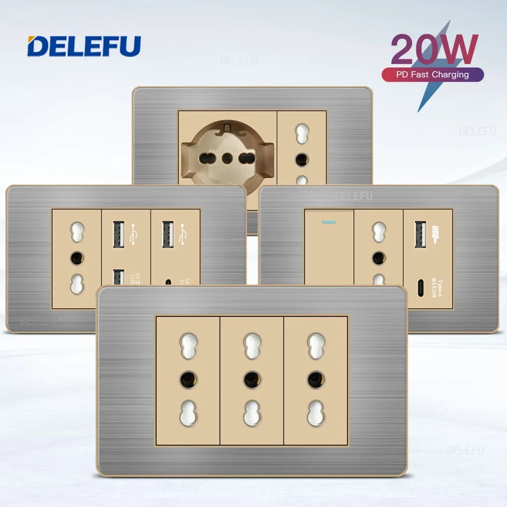 DELEFU- Italian Standard Switch Socket Stainless Steel Gold Border Grey Panel Series Power Socket