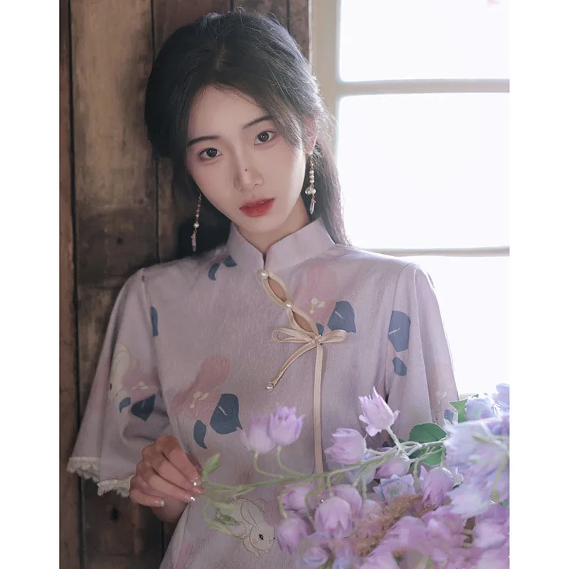 

Women Purple Vintage Dress Summer Cheongsam Sweet Short Dress Floral Chinese Traditional Summer Loose Sleeve Qipao S To XXL
