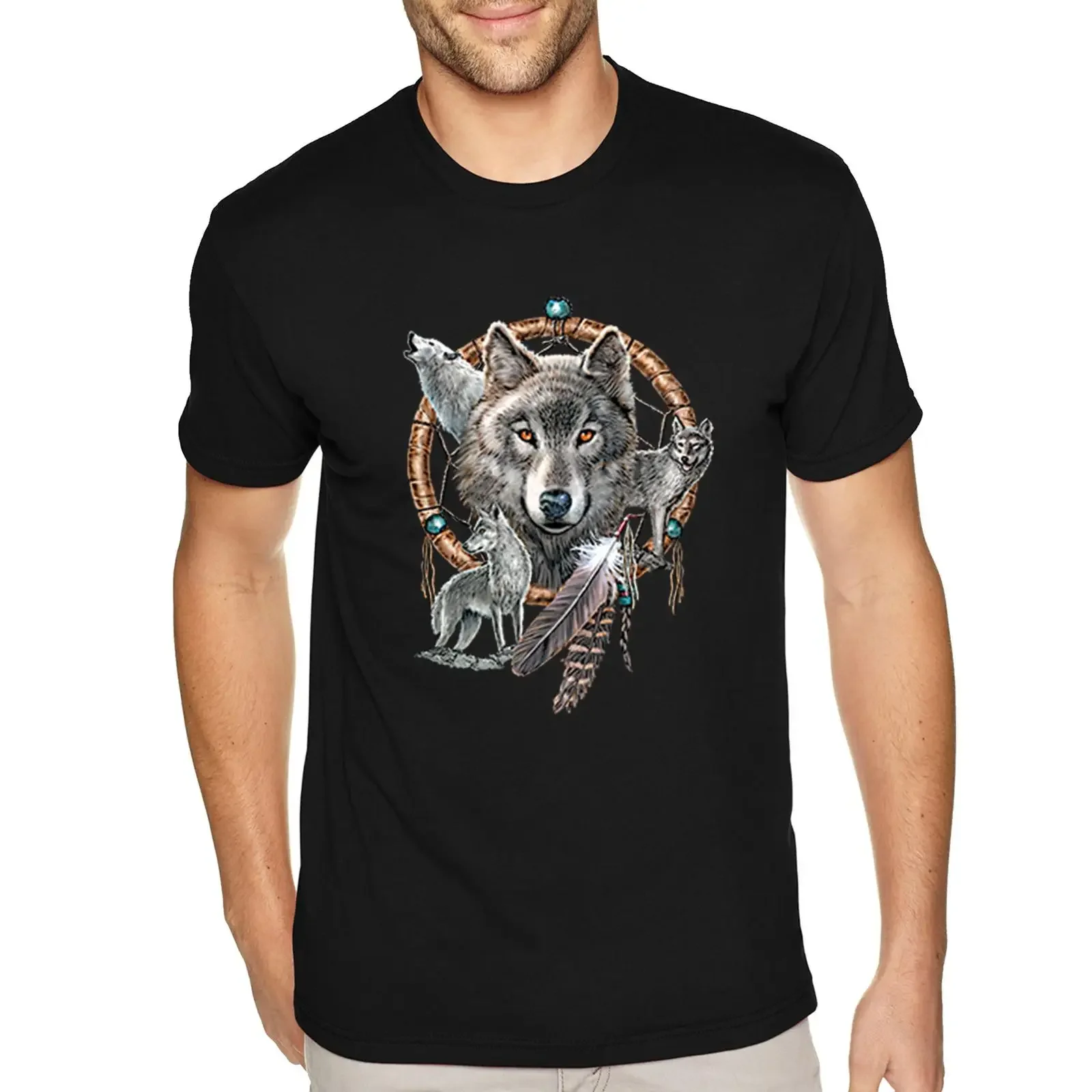 May include Black t shirt with a graphic of wolf's face inside dreamcatcher feathers and turquoise beads vintage Washed