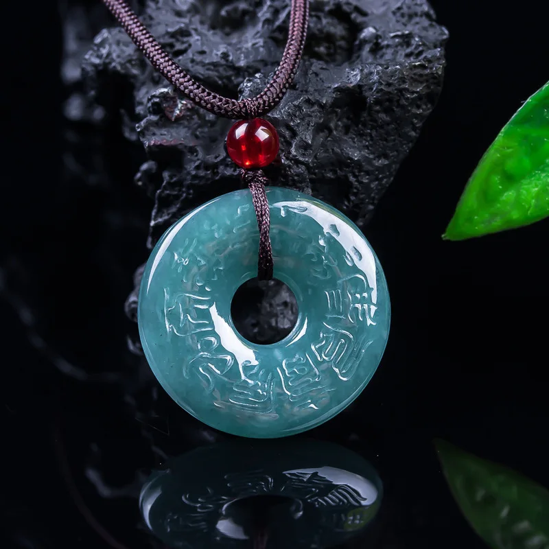 Grade A jadeite blue water heart sutra peace pendant with engraved scriptures for blessing and nostalgic appreciation, exquisite