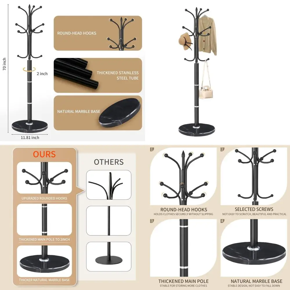 

Modern Marble Base Coat Stand with 12 Hooks for Entryway, Hallway, Office