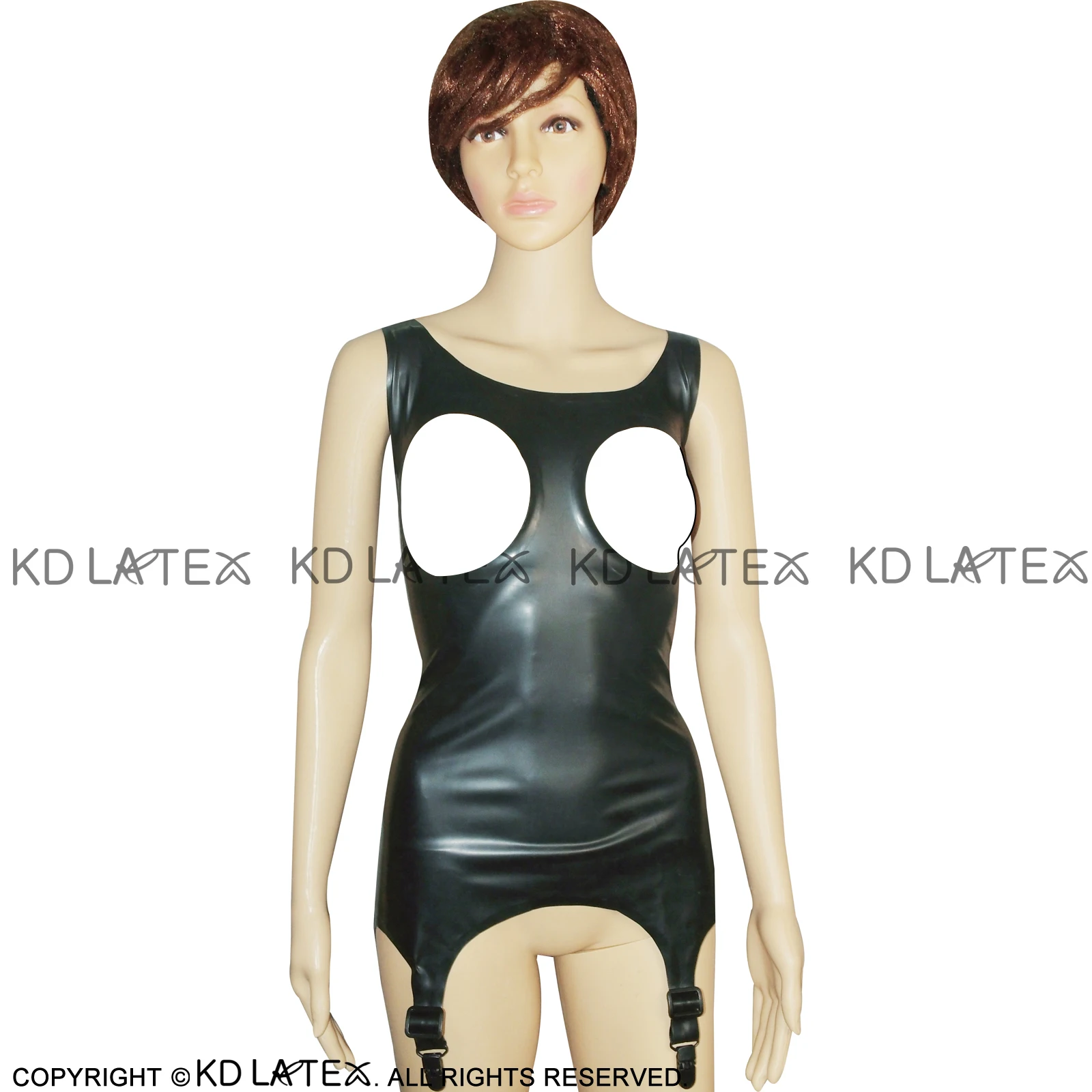 

Sexy Sleeveless Latex Top Shirt Garters Girdle Suspender Dresses Front Open Holes Rubber Undershirts Clothes Tank Back YF-0043