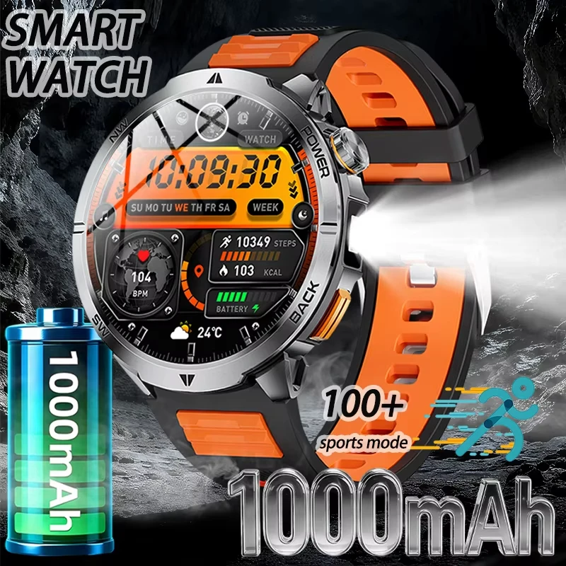 

2026 New military rugged and durable smartwatch 1000mAh large battery LED flashlight designed specifically for outdoor activitie