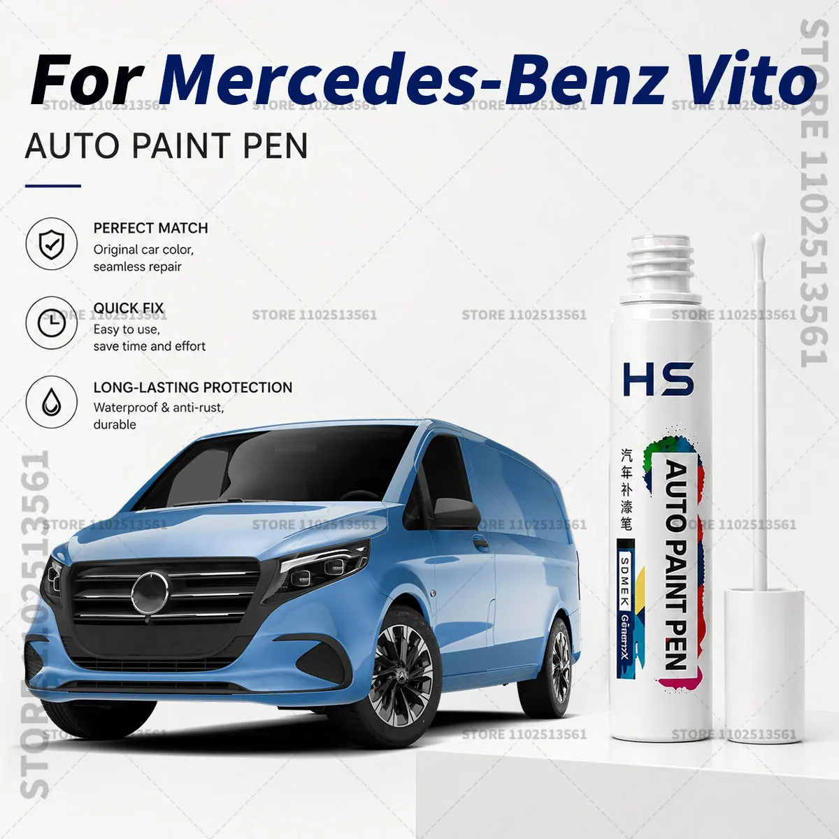 Stylo de retouche automobile pour Mercedes-Benz Vito – Restaure la peinture de la voiture et élimine les rayures Bleu Sodalite Bleu Or AIPINE GRAY