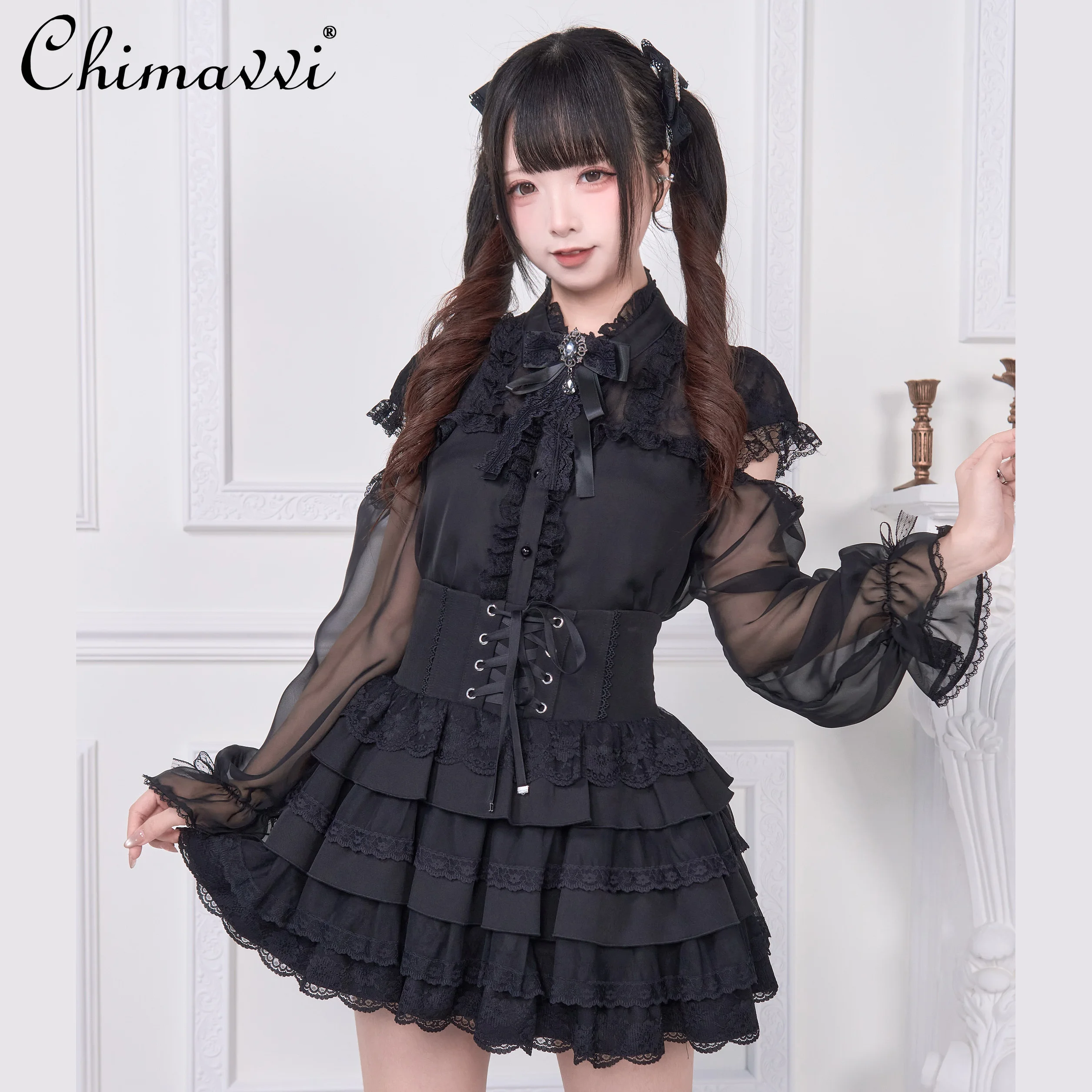 Sweet Girl Chiffon Lace Blouse Original Mass-Produced Japanese Style Semi-Transparent Long Sleeve Gothic Cute Lolita Shirt Top