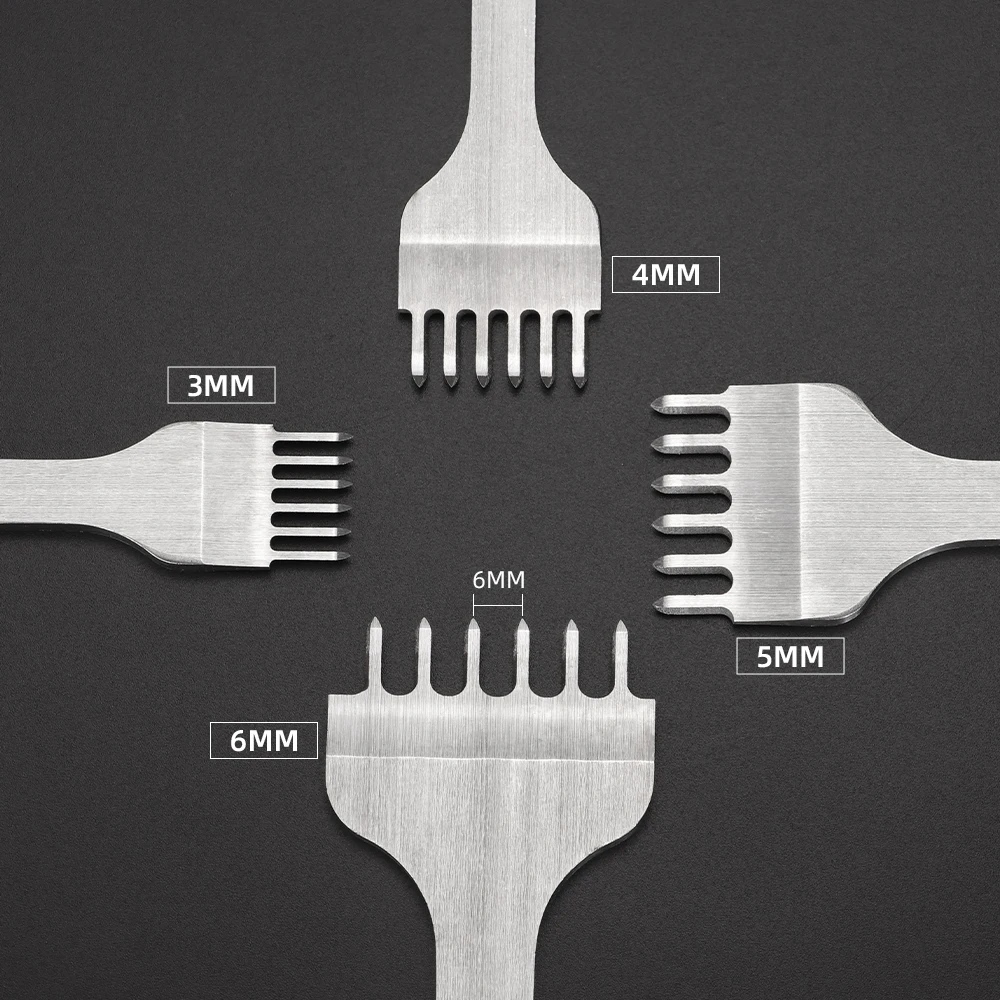 QJH 4 قطع من أدوات الخياطة الجلدية المصنوعة من الحديد الماسي - حدد تباعد الشق 3 مم 4 مم 5 مم 6 مم (1 + 2 + 4 + 6 شوكات)