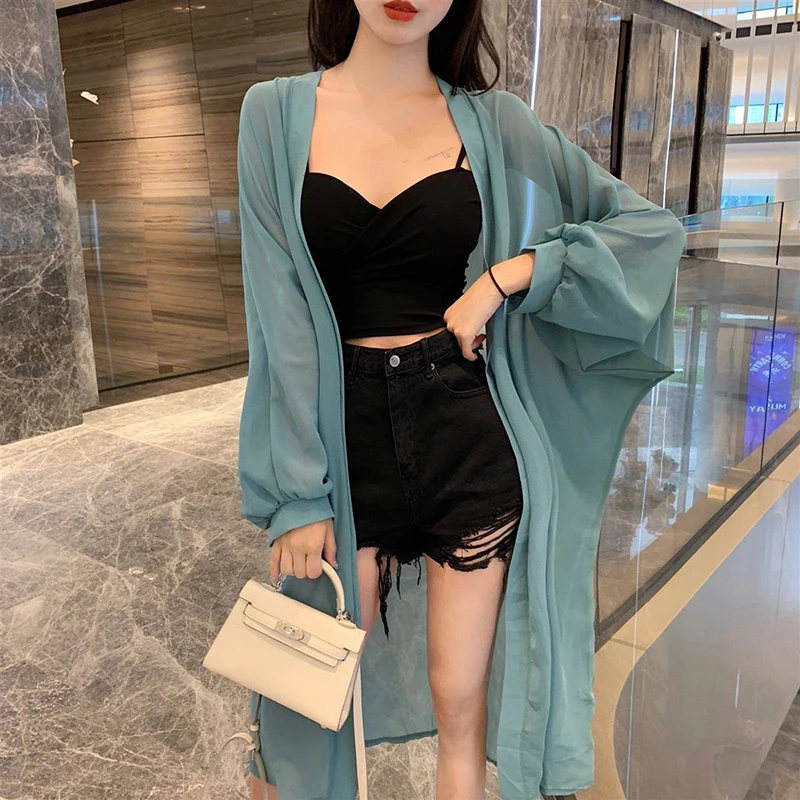 MEXZT Summer Women Blouses Puff Sleeve Long Chiffon Sunscreen Shirts Cardigan Black White Loose Casual Sun Protection Shirt Tops