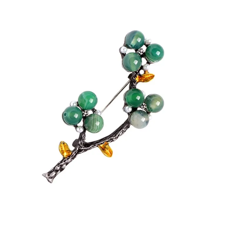 Creative Vintage Natural Stone Branch Flower Inlaid Rhinestone Brooch Pin Clothing Accessories