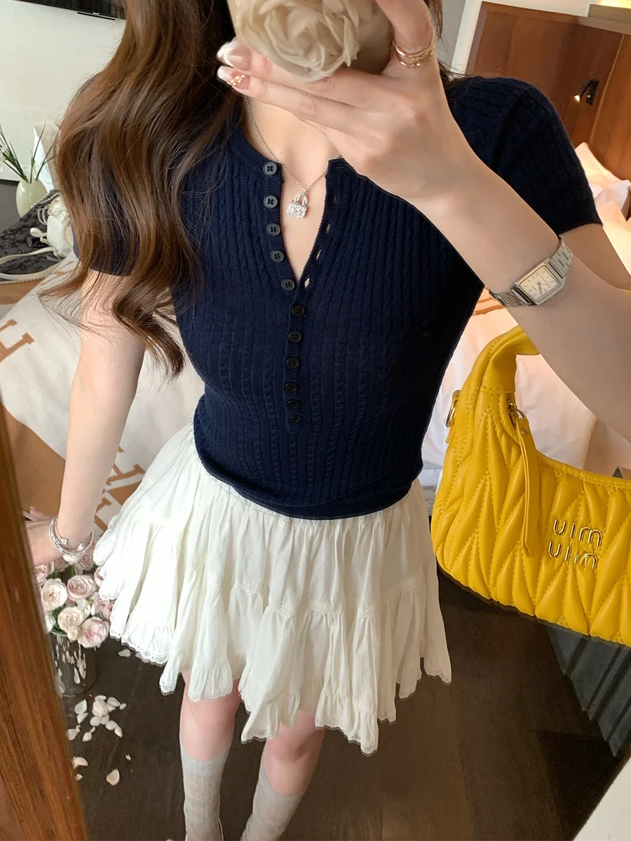 

MUKOK Slim Fit ort Sve V-Ne Knitwear Women's Light Summer New Sle T-irt Nice Wed k Blue Commute Sle Knitt...