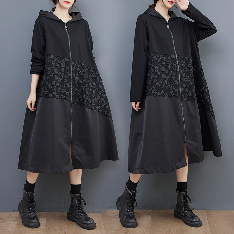 

Faionable Autumn 2025 Hooded Patchwork Loose Comfortable All-Season Zipper Slimming Jaet Vintage Sle Midi Length Coat