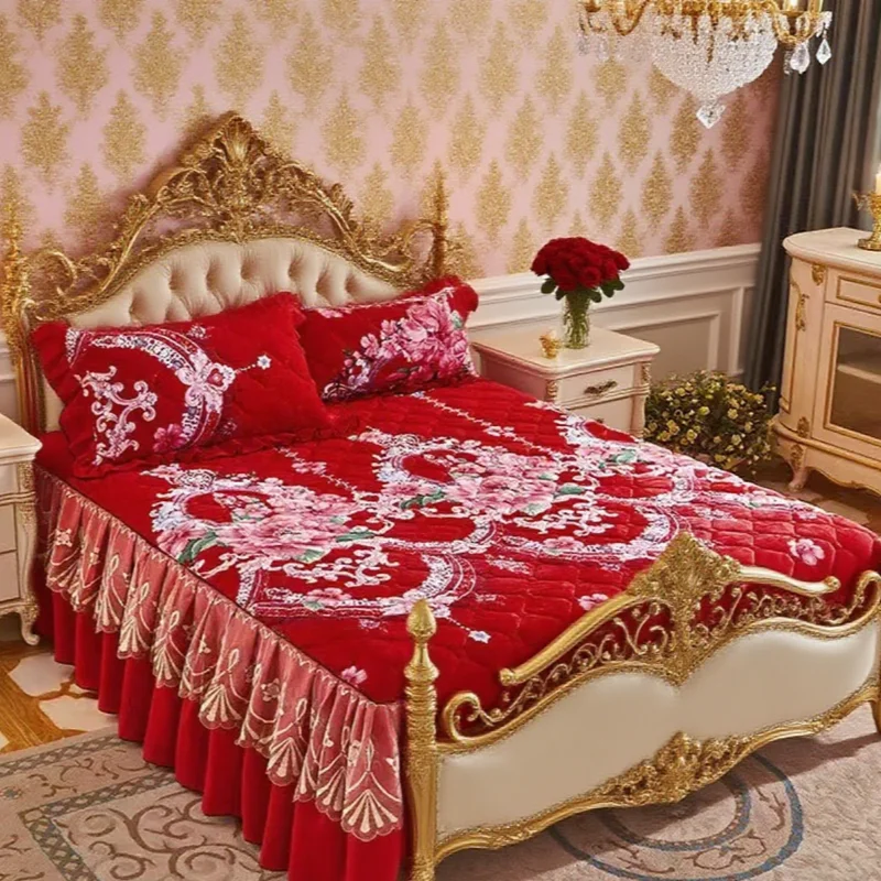 Soft Velvet Bed Skirt Warm Plush Velvet Wedding Bed Sheet 3pcs Coral Velvet Quilted Bed Sheet Printed Soft Belt 2pc Pillowcases