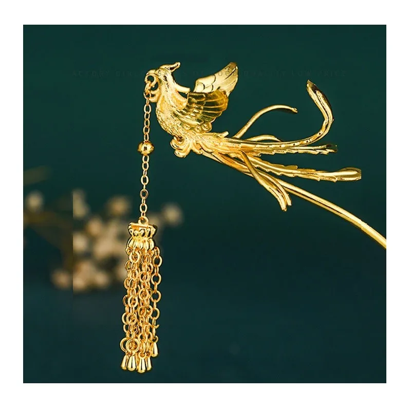 

National Style Phoenix Hairpin Ancient Style Xiuhe Hanfu Walking Tassel Imitation Gold Hairpin Bride Phoenix Hairpin Wedding Pre
