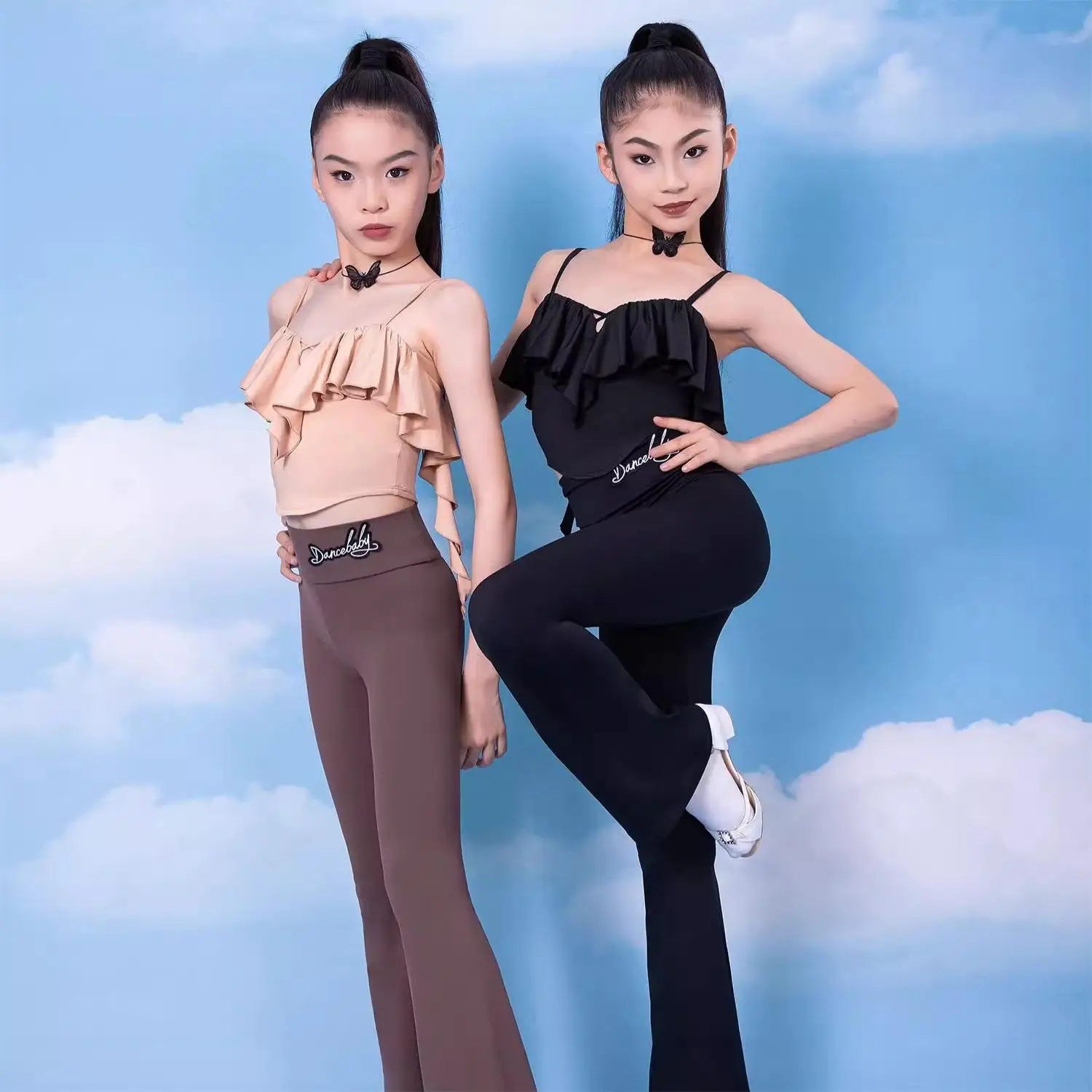 تخصيص النساء الكبار فتاة اللاتينية ملابس رقص التدريب الزي بروتيل أعلى ضيق المناسب جرس أسفل السراويل هامش فستان