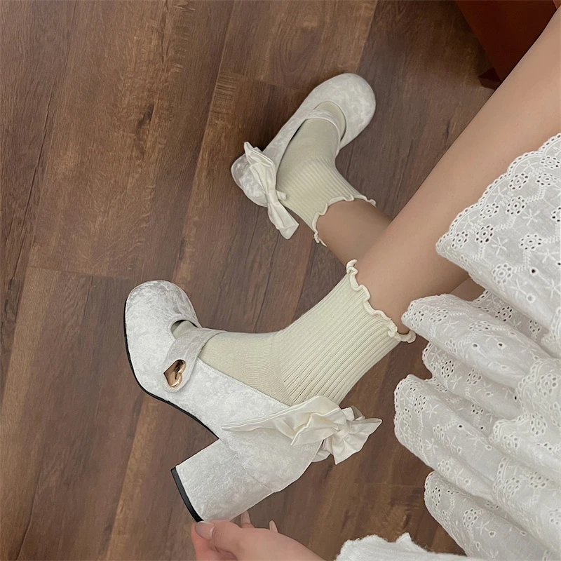 

Trendy Elegant Bowknot Girls Mary Jane Shoes Buckle Single Shoes College Style Footwear High Heel Pumps Thick Heel Shoes