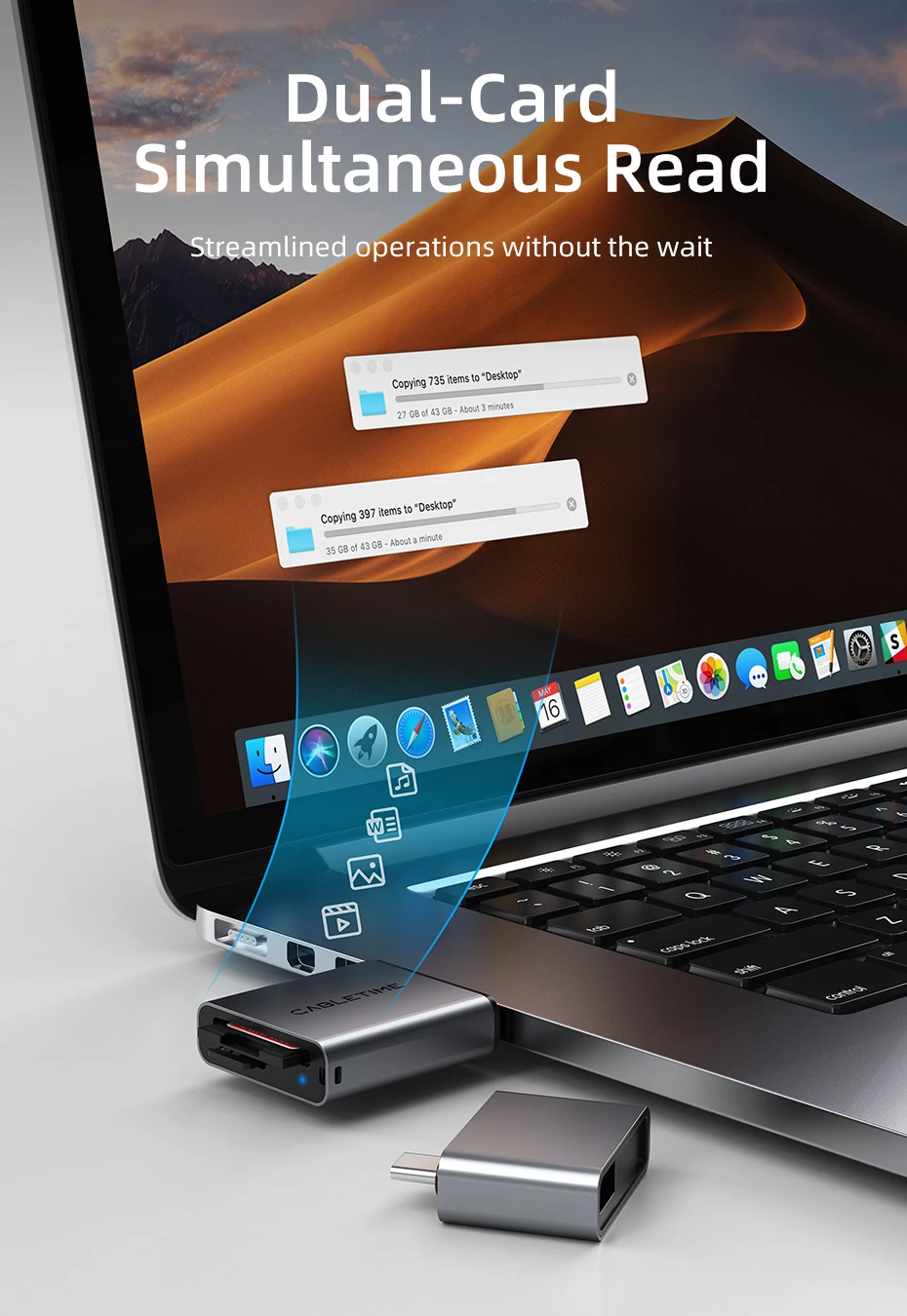 CABLETIME SD4.0 Kartenleser 3 IN 1 312 MB/s 5 Gbit/s USB A & USB C auf SD/TF Speicherkartenadapter für Laptop, Telefon, MacBook – Detail 21