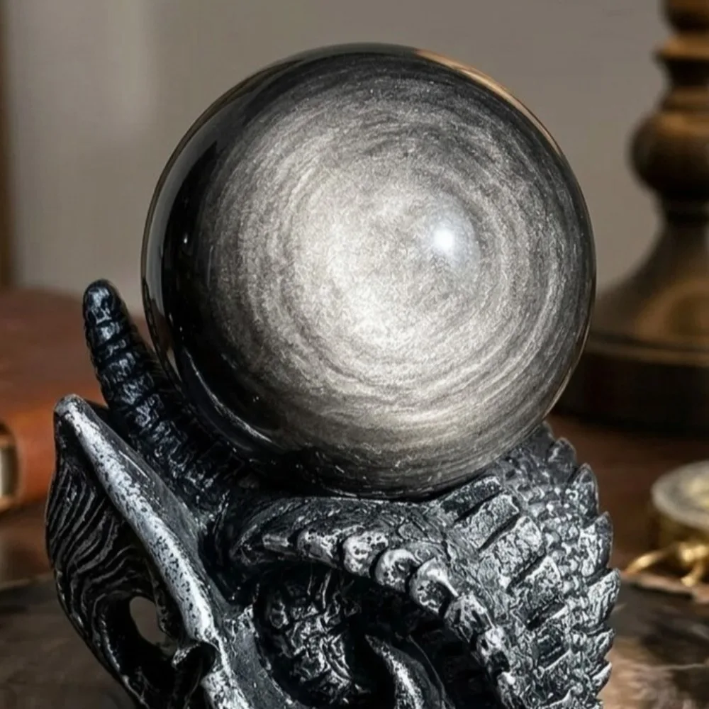 Polished Obsidian Crystal Ball, Natural Silver Sheen Sphere for Meditation, Reiki Healing, Altar Decoration &