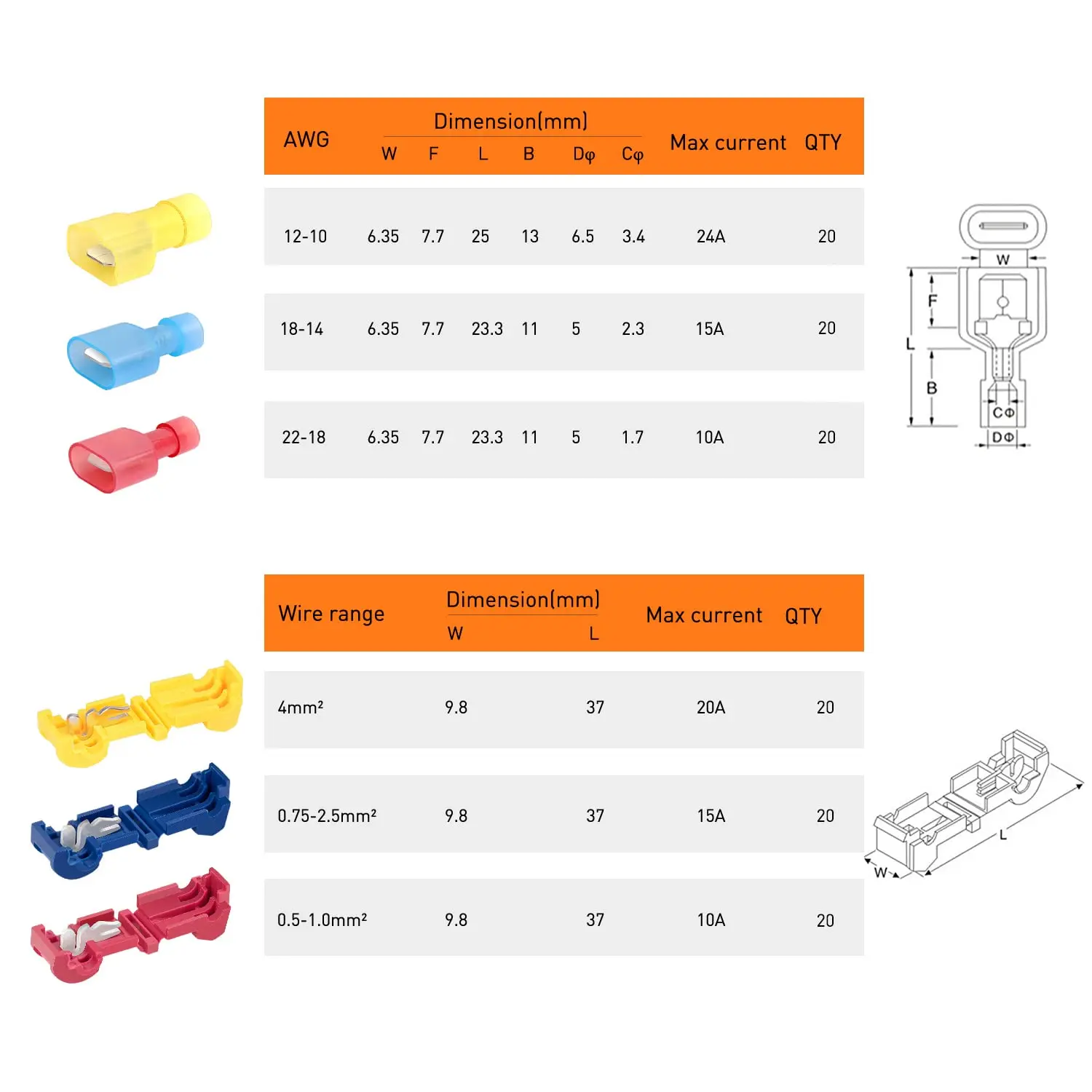 T-Tap Wire Connectors, Self-Stripping Quick Splice Electrical Wire Terminals, Insulated Male Quick Disconnect Spade Terminals