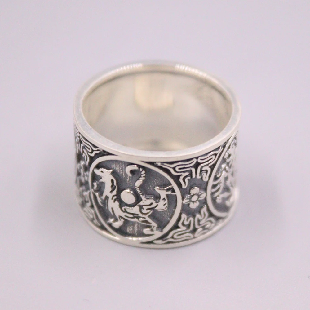 Solid S999 Fine Silver Women Men Ring Lucky Four Sacred Animals Carved Band Ring