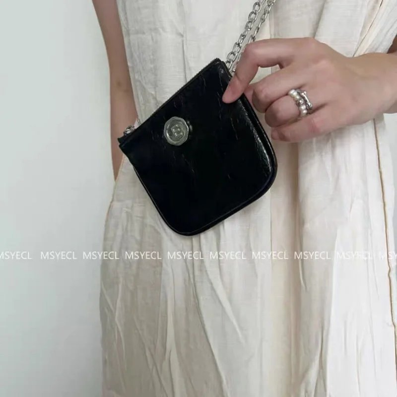 Korean Ins Fashion Mini Shoulder Bags PU Black Silver Zipper Cross Body Bag for Women Lipstick ID Credit Card Money Storage Bags