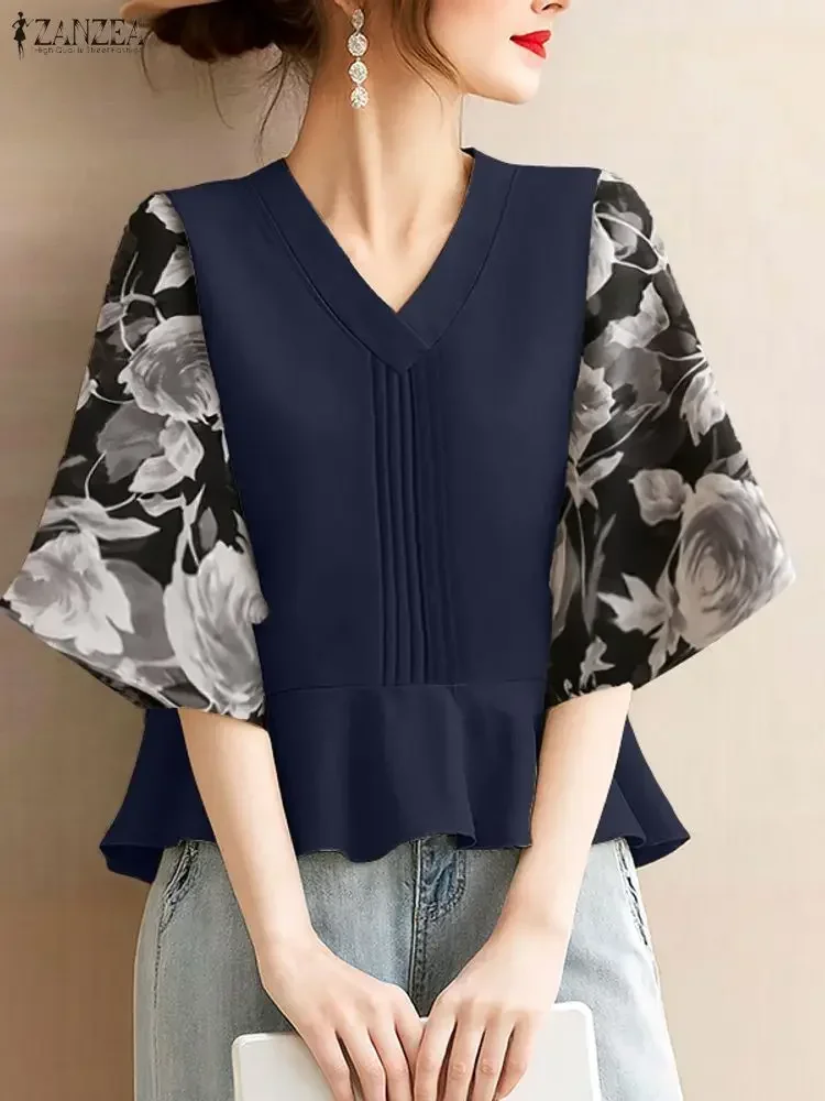 

ZANZEA Summer Floral Patchwork Blouse Women Stylish Office Work Shirt Pleated Tops Elegant V Neck 3/4 Sleeve Blusas Female Mujer