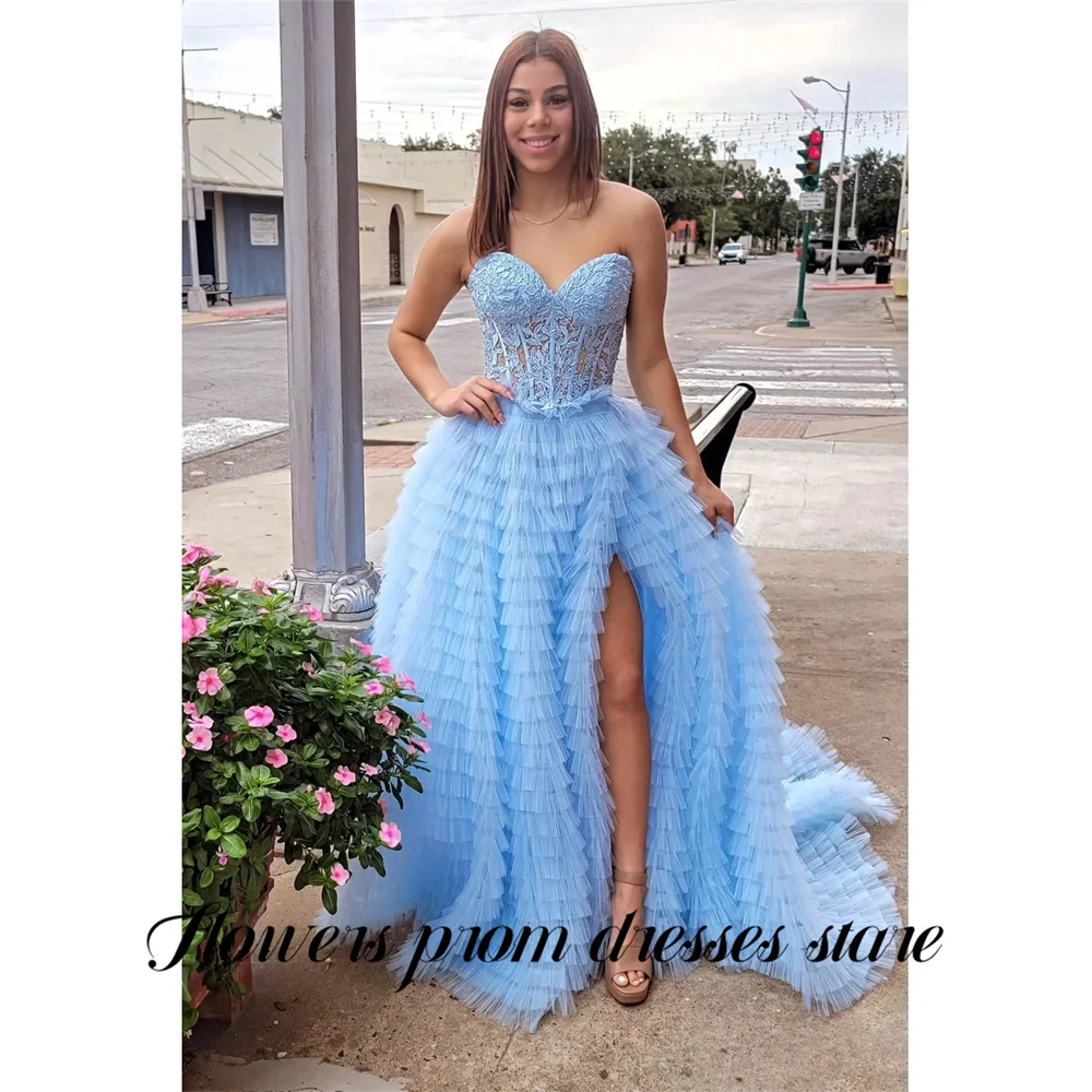 

Цветы Бледно-желтое вечернее платье Кружевные аппликации Пром платья Многоуровневое тюлевое вечернее вечернее платье без рукавов robe de bal Индивидуальные