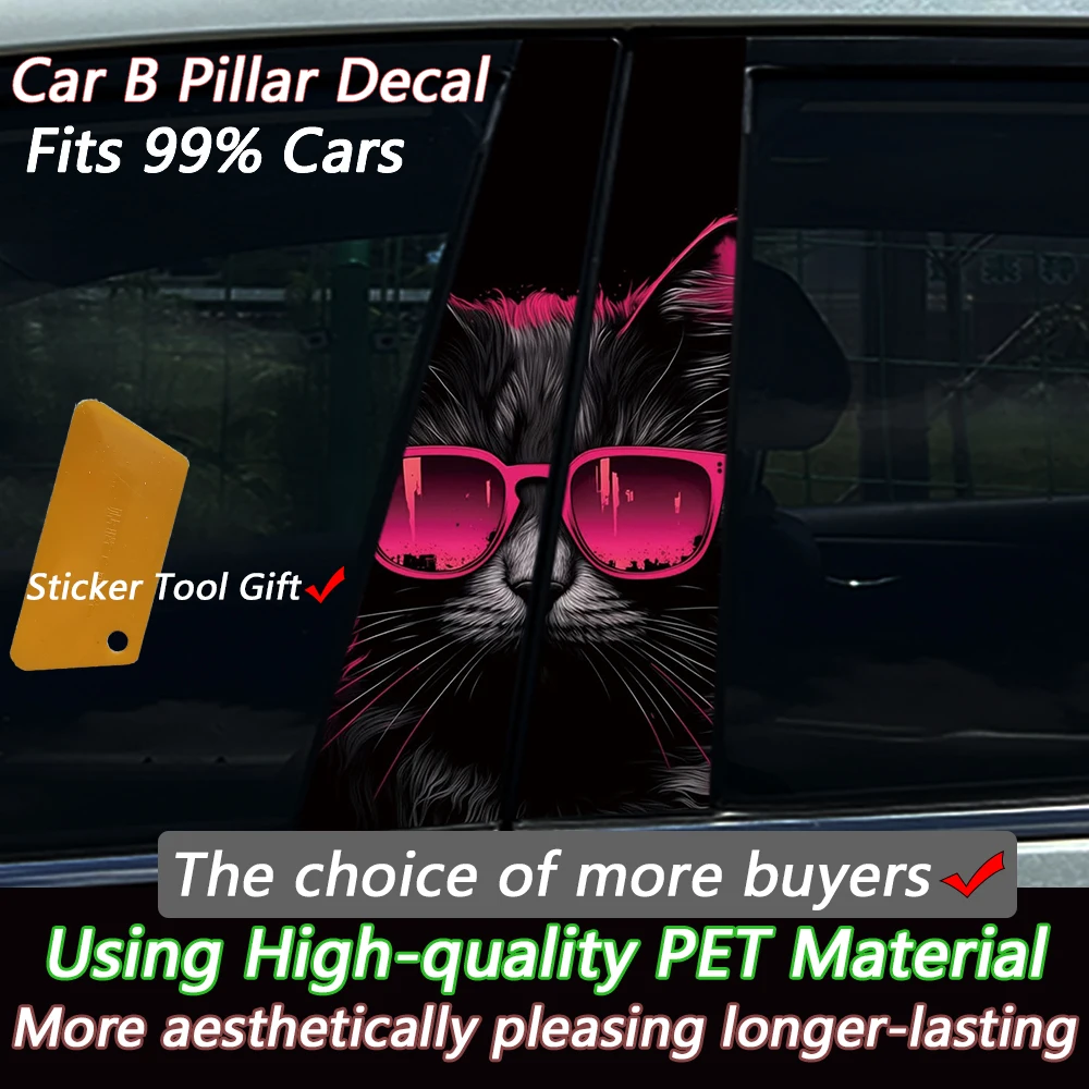 2PCS 3D Cyber Cat Car B Pillar Sticker, Pink Sunglasses Upgrade PET Material, Waterproof Customizable Auto Decal Universal Fit