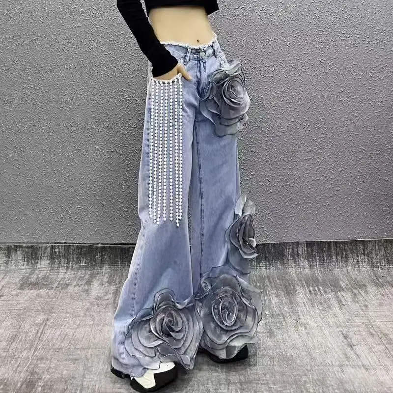 Vintage Basic Irregular Women's Jeans Washed Wide Leg Straight Denim Pants Baggy High Waist Asymmetrical Trousers Casual